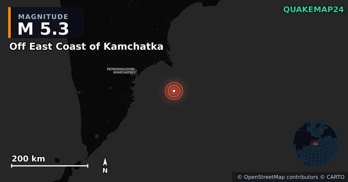 M5.3 Earthquake near Off East Coast of Kamchatka · 2025-07-22 — Map showing the location of the epicenter