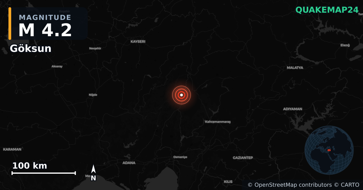 M4.2 earthquake near Göksun on Jun 24, 2025 — map of epicenter and shaking intensity | QuakeMap24