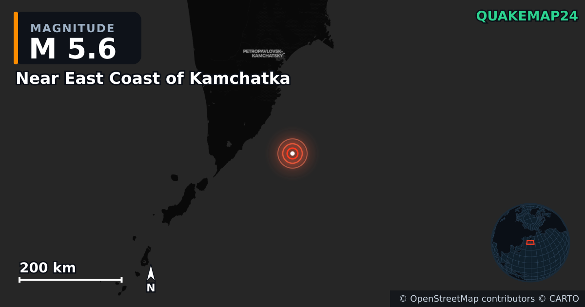 M5.6 earthquake near Near East Coast of Kamchatka on Jul 30, 2025 — map of epicenter and shaking intensity | QuakeMap24