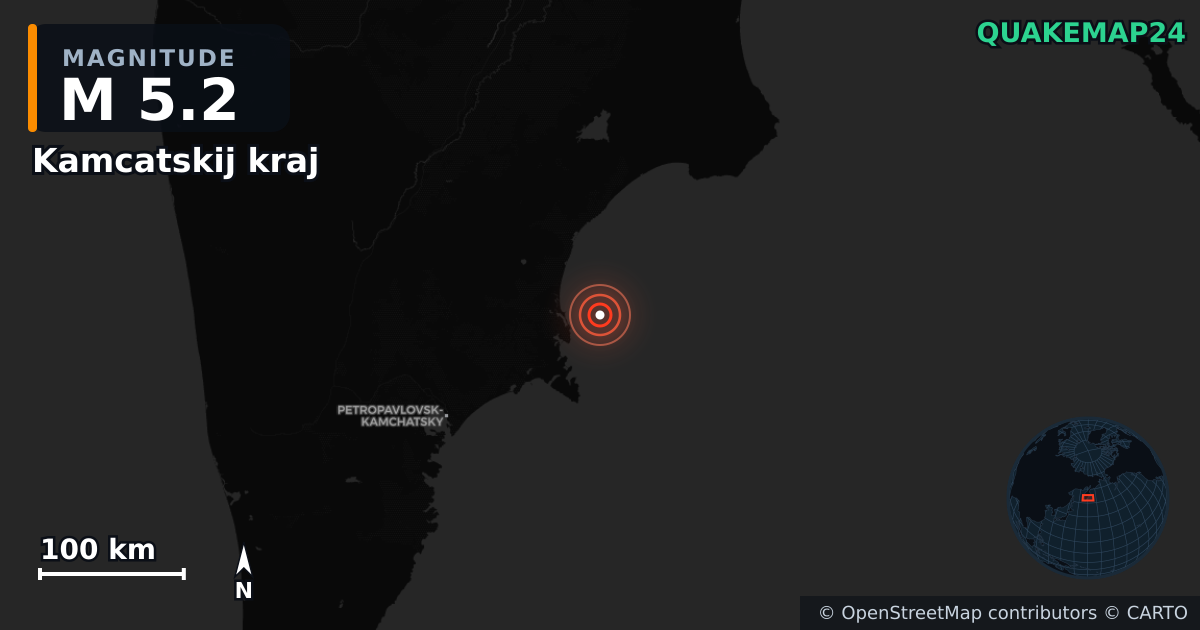M5.2 earthquake near Kamcatskij kraj on Sep 13, 2025 — map of epicenter and shaking intensity | QuakeMap24