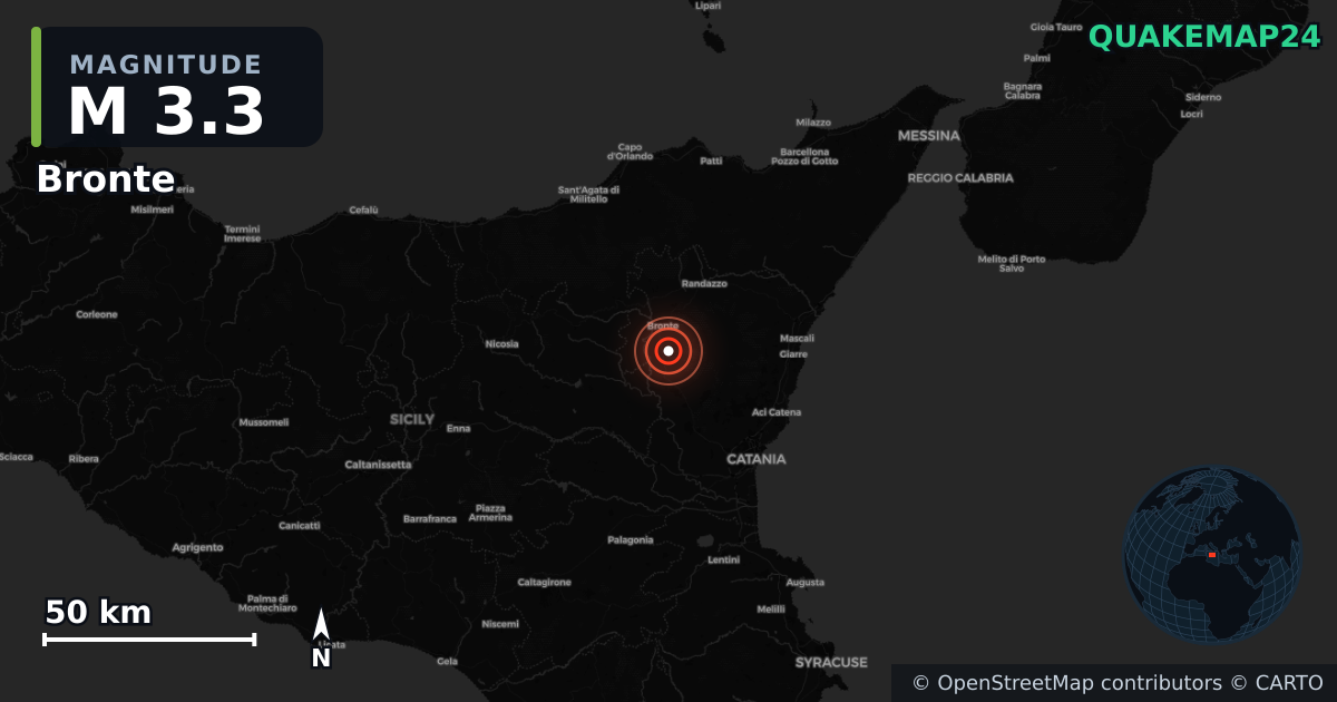 M3.3 earthquake near Bronte on Jan 9, 2026 — map of epicenter and shaking intensity | QuakeMap24