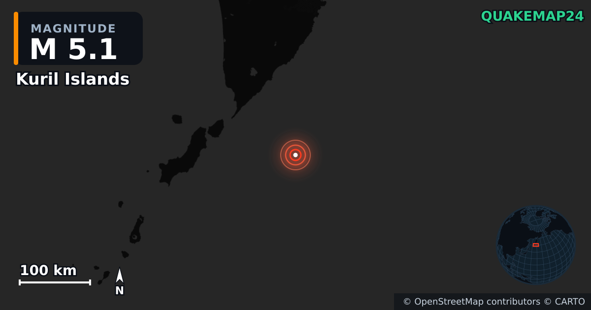 M5.1 earthquake near Kuril Islands on Jul 30, 2025 — map of epicenter and shaking intensity | QuakeMap24