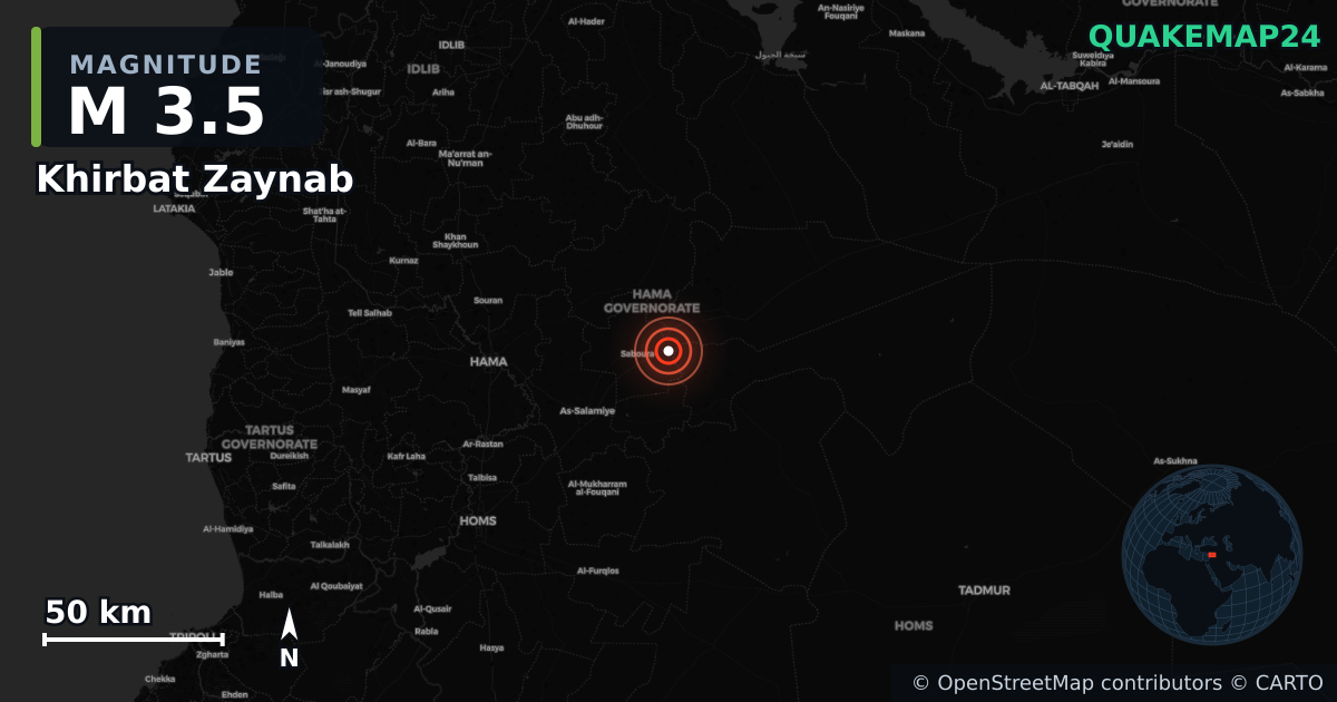 M3.5 earthquake near Khirbat Zaynab on Jun 30, 2026 — map of epicenter and shaking intensity | QuakeMap24
