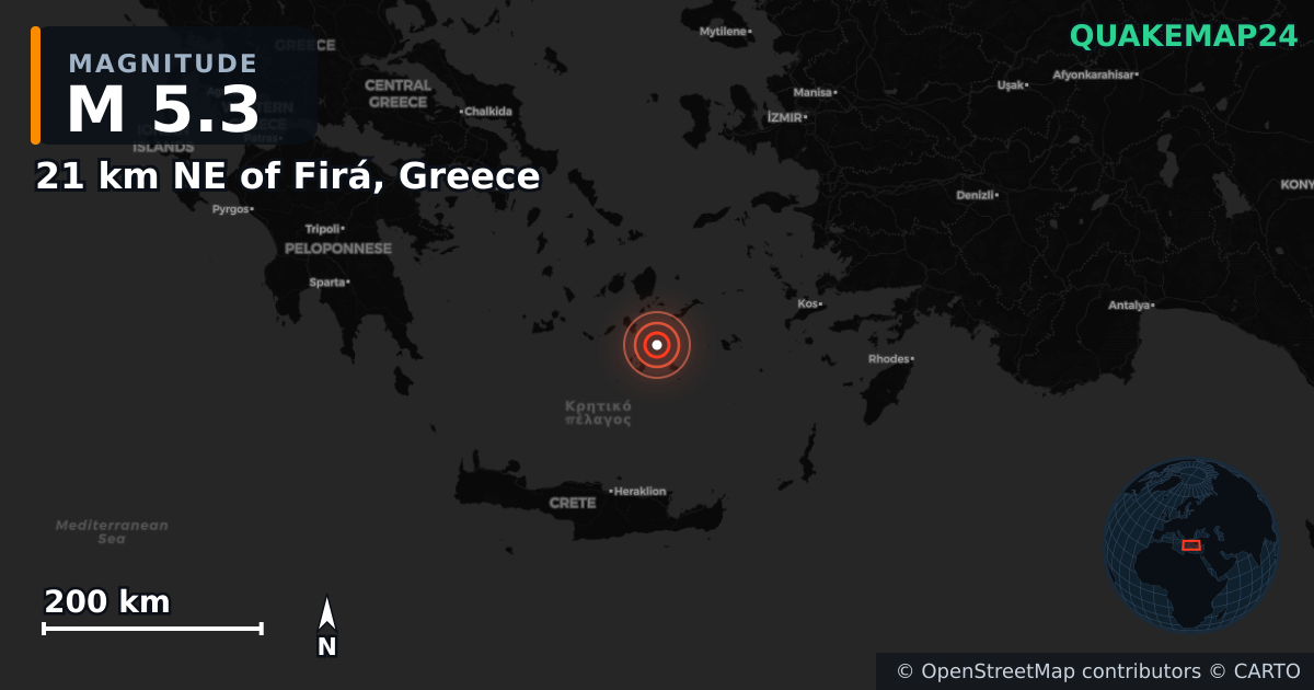 M5.3 earthquake near 21 km NE of Firá, Greece on Feb 4, 2025 — map of epicenter and shaking intensity | QuakeMap24