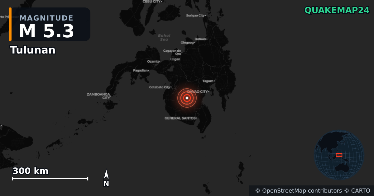 M5.3 earthquake near Tulunan on May 16, 2026 — map of epicenter and shaking intensity | QuakeMap24