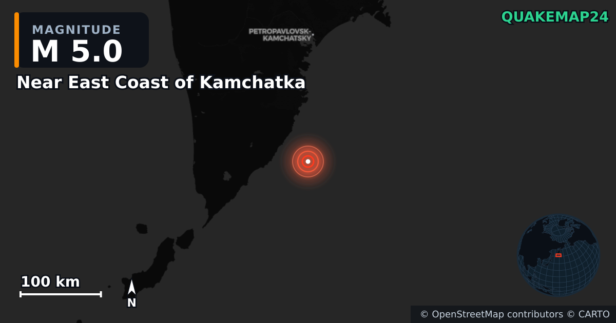 M5.0 earthquake near Near East Coast of Kamchatka on Jan 1, 2026 — map of epicenter and shaking intensity | QuakeMap24