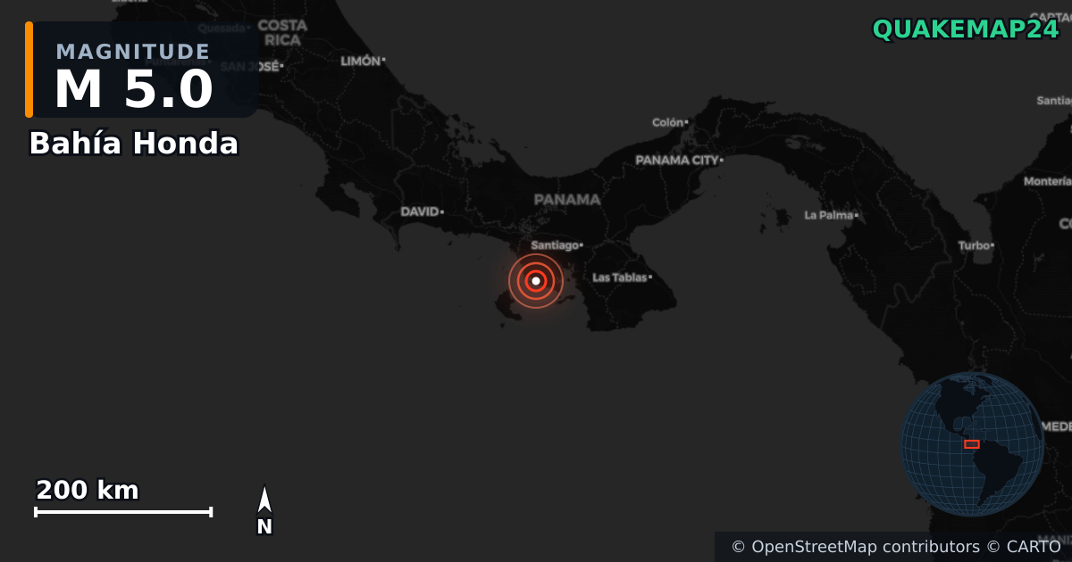 Erdbeben M5,0 bei Bahía Honda, Veraguas (Panama) · 2026-10-09 — Karte der Lage des Epizentrums