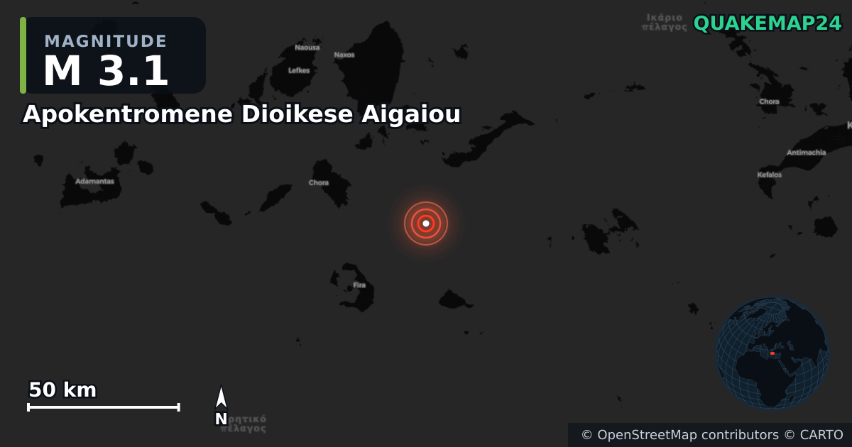 M3.1 earthquake near Apokentromene Dioikese Aigaiou on Jun 17, 2025 — map of epicenter and shaking intensity | QuakeMap24