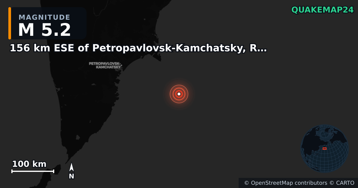 M5.2 earthquake near 156 km ESE of Petropavlovsk-Kamchatsky, Russia on Sep 4, 2025 — map of epicenter and shaking intensity | QuakeMap24