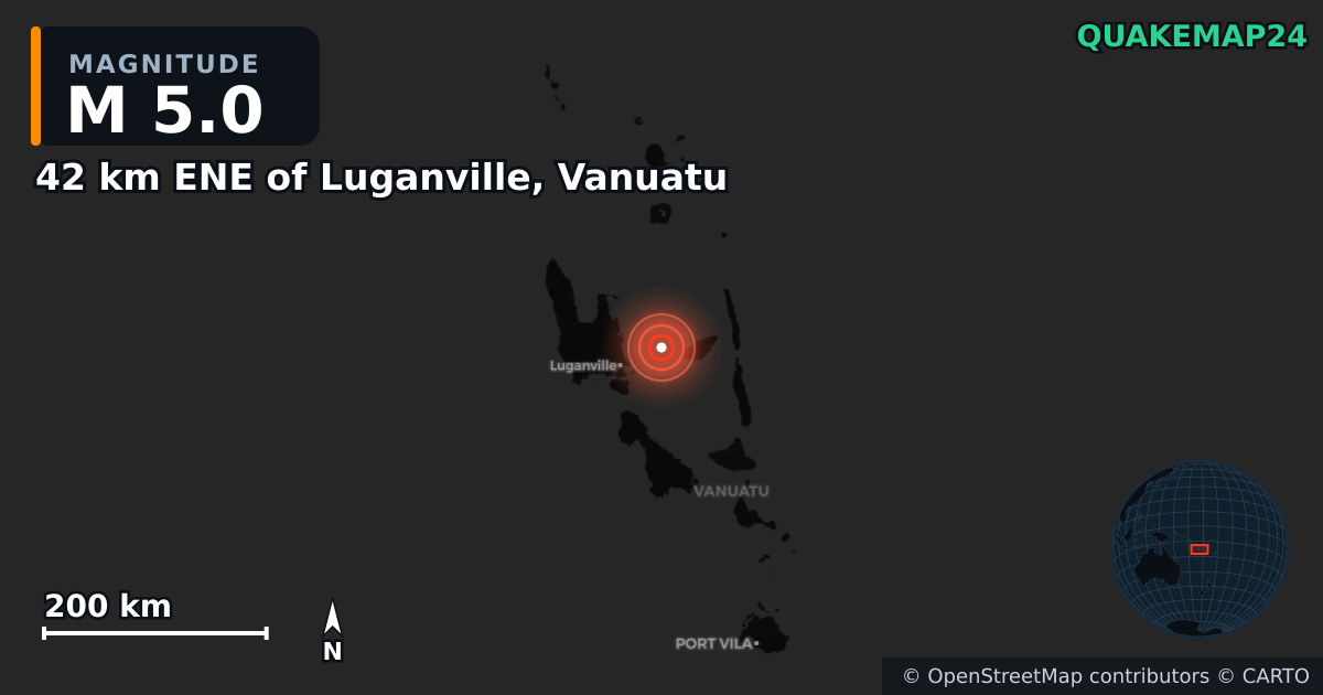 M5.0 earthquake near 42 km ENE of Luganville, Vanuatu on Mar 30, 2026 — map of epicenter and shaking intensity | QuakeMap24