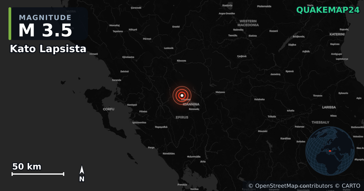 M3.5 earthquake near Kato Lapsista on Apr 6, 2026 — map of epicenter and shaking intensity | QuakeMap24