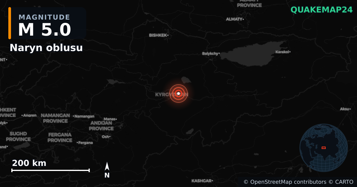 M5.0 earthquake near Naryn oblusu on May 12, 2025 — map of epicenter and shaking intensity | QuakeMap24