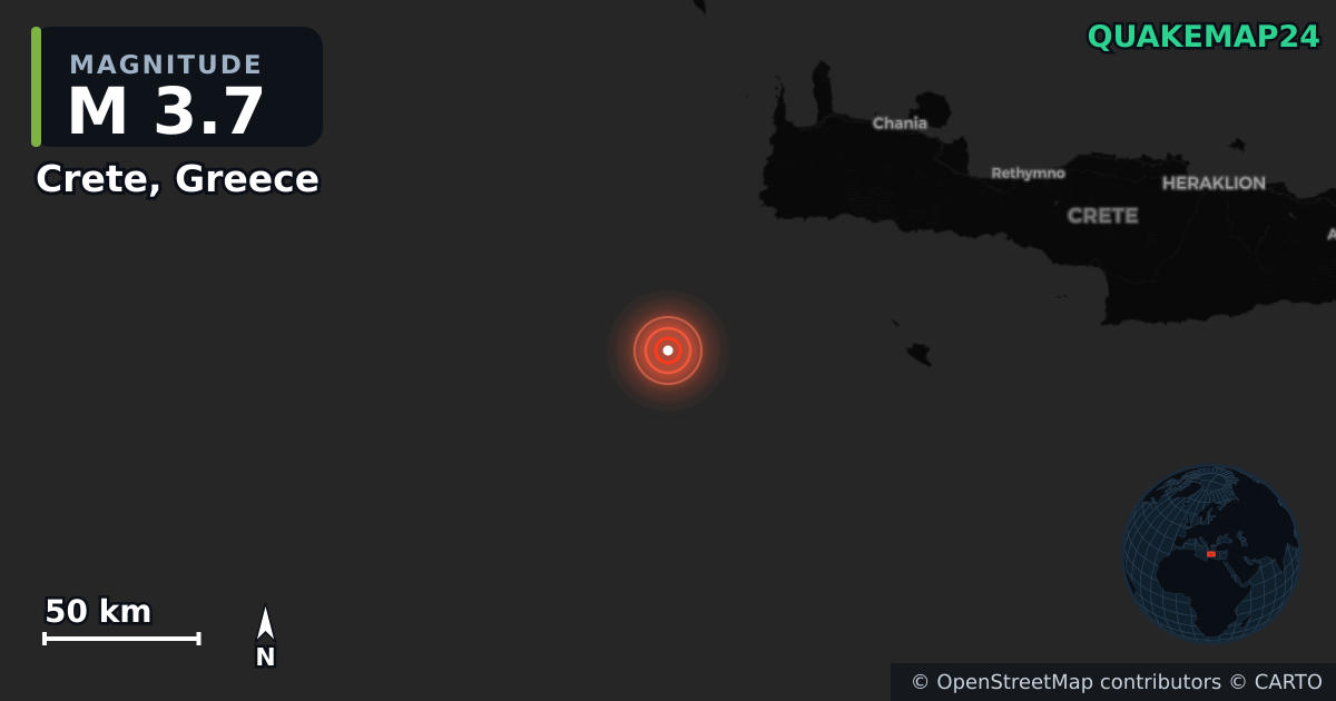 M3.7 earthquake near Crete, Greece on Jun 19, 2026 — map of epicenter and shaking intensity | QuakeMap24