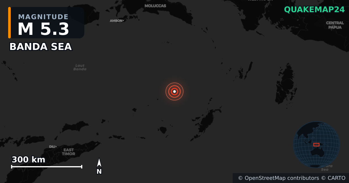 M5.3 earthquake near BANDA SEA on May 5, 2026 — map of epicenter and shaking intensity | QuakeMap24