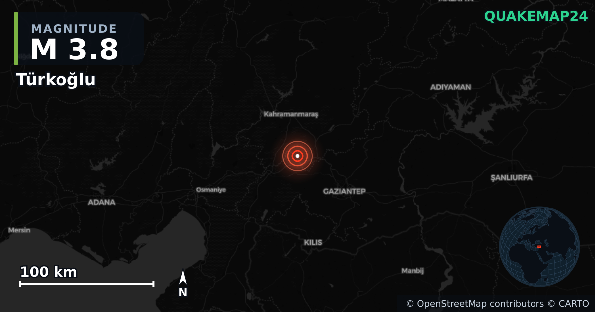 M3.8 earthquake near Türkoğlu on Oct 21, 2025 — map of epicenter and shaking intensity | QuakeMap24