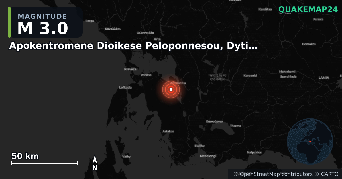 M3.0 earthquake near Apokentromene Dioikese Peloponnesou, Dytikes Elladas kai Ioniou on May 5, 2025 — map of epicenter and shaking intensity | QuakeMap24