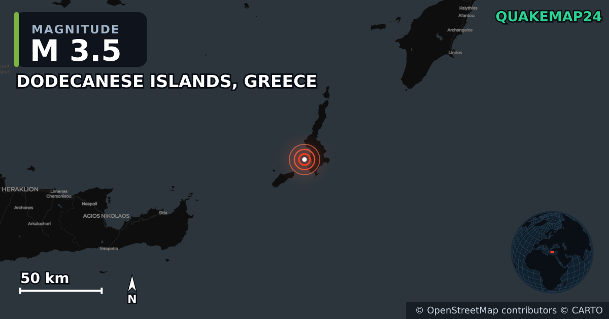 Erdbeben M3,5 bei Karpathos-Kasos Regional Unit, South Aegean (Griechenland) · 2026-10-24 — Karte der Lage des Epizentrums