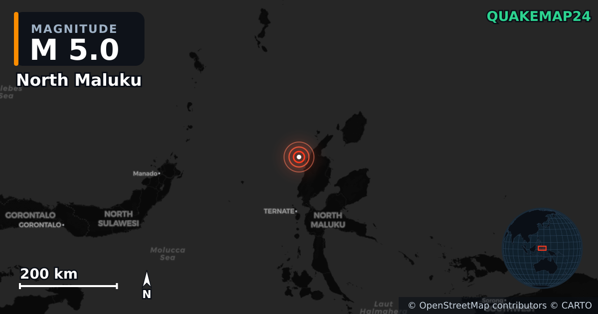 M5.0 earthquake near North Maluku on Jul 4, 2026 — map of epicenter and shaking intensity | QuakeMap24