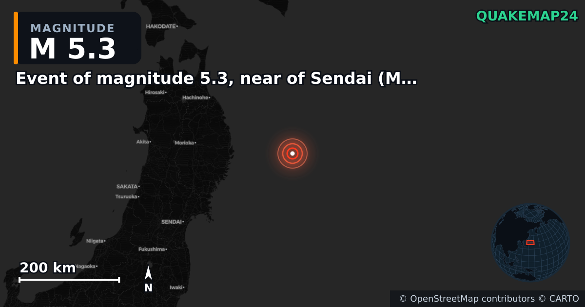 M5.3 earthquake near Event of magnitude 5.3, near of Sendai (Monde) on Nov 9, 2025 — map of epicenter and shaking intensity | QuakeMap24