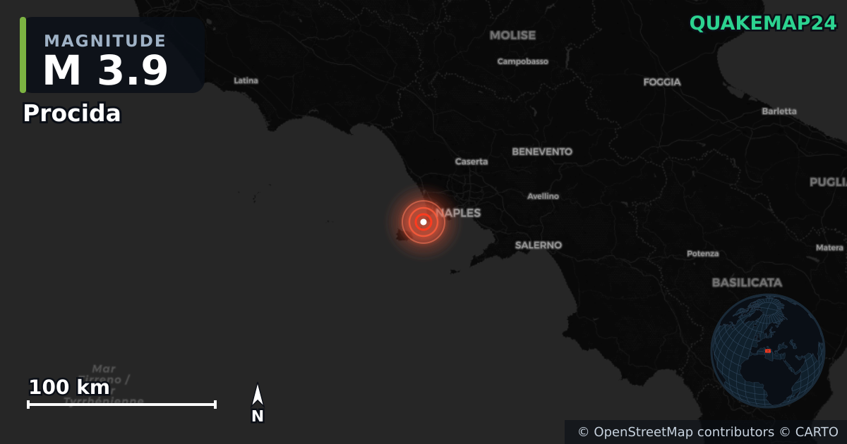 M3.9 earthquake near Procida on May 21, 2026 — map of epicenter and shaking intensity | QuakeMap24