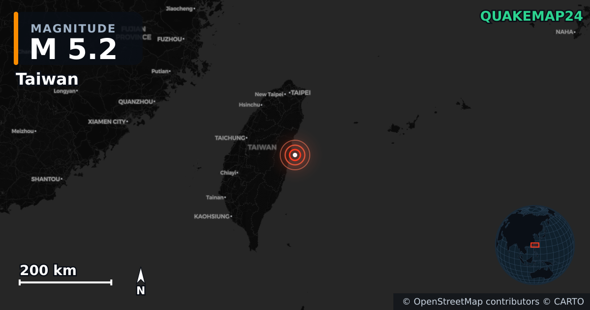 M5.2 earthquake near Taiwan on Dec 8, 2025 — map of epicenter and shaking intensity | QuakeMap24
