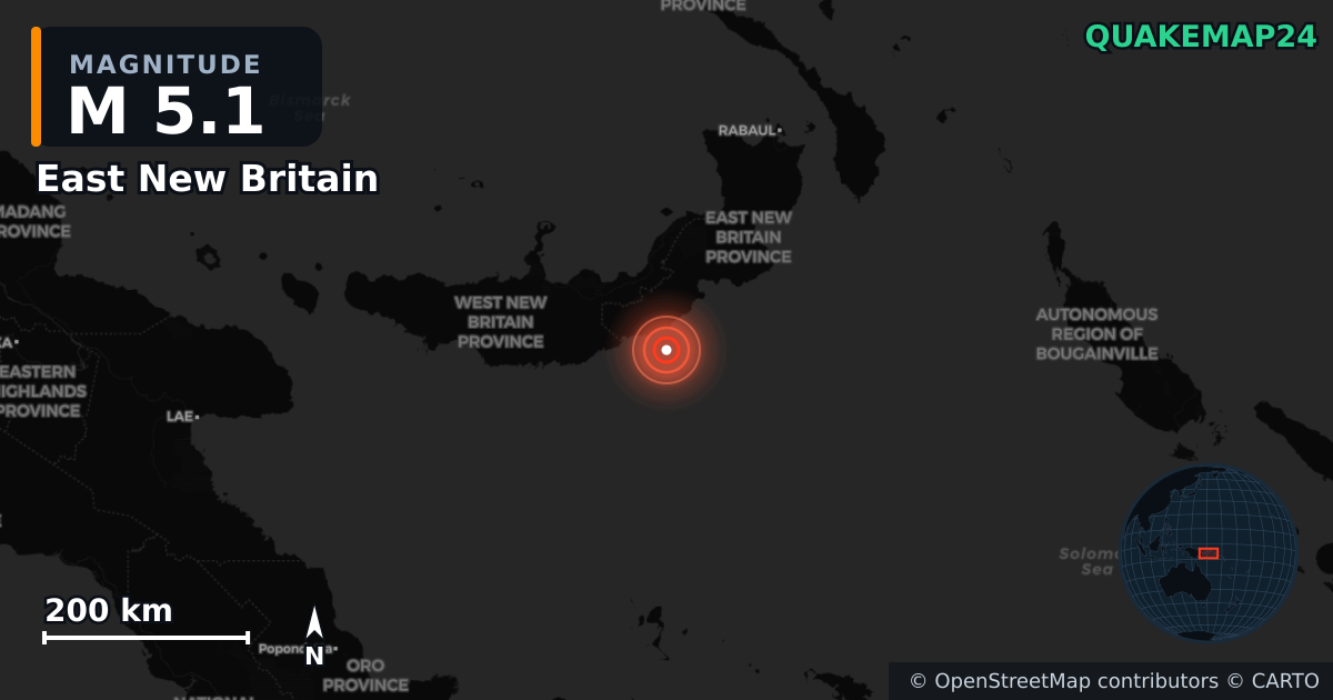 M5.1 earthquake near East New Britain on Mar 5, 2026 — map of epicenter and shaking intensity | QuakeMap24