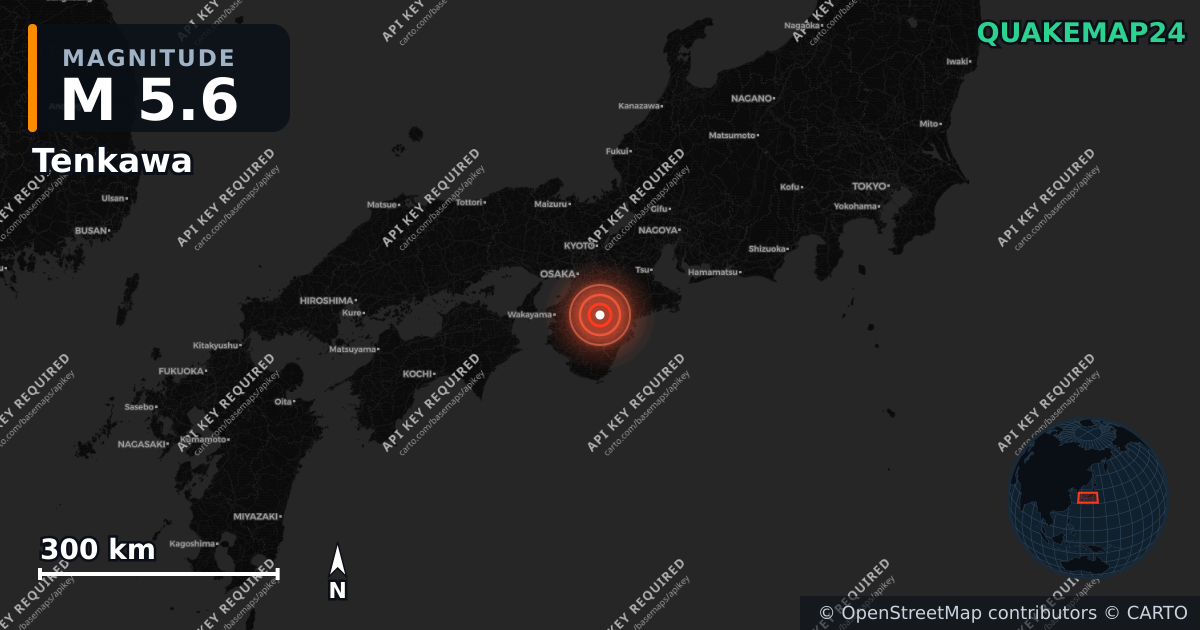 M5.6 earthquake near Tenkawa on May 2, 2026 — map of epicenter and shaking intensity | QuakeMap24