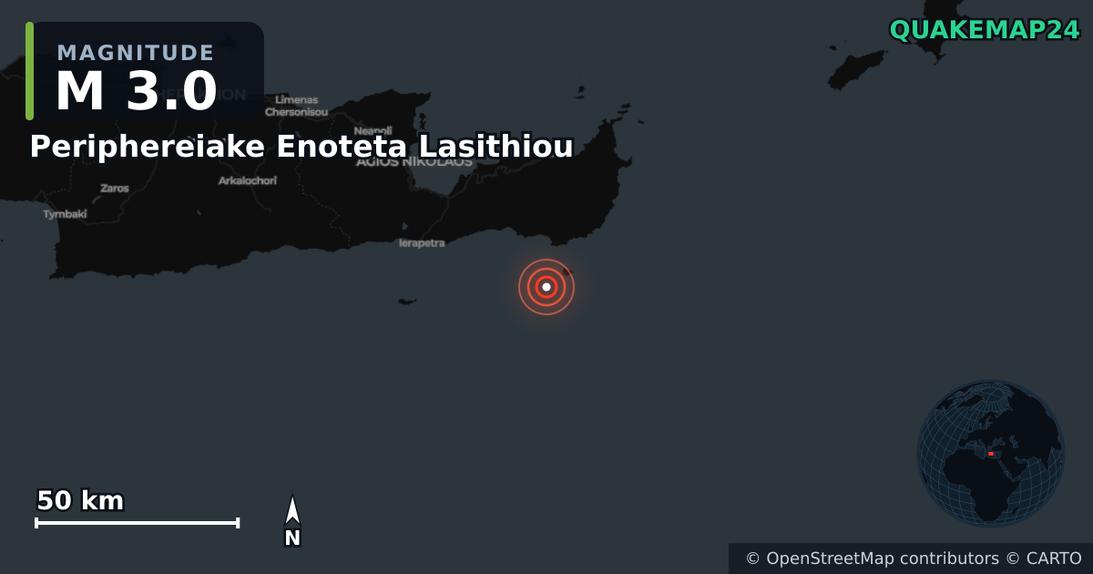 Σεισμός M3,0 κοντά στο Περιφερειακή Ενότητα Λασιθίου, Περιφέρεια Κρήτης (Ελλάδα) · 2026-05-11 — Χάρτης της θέσης του επικέντρου