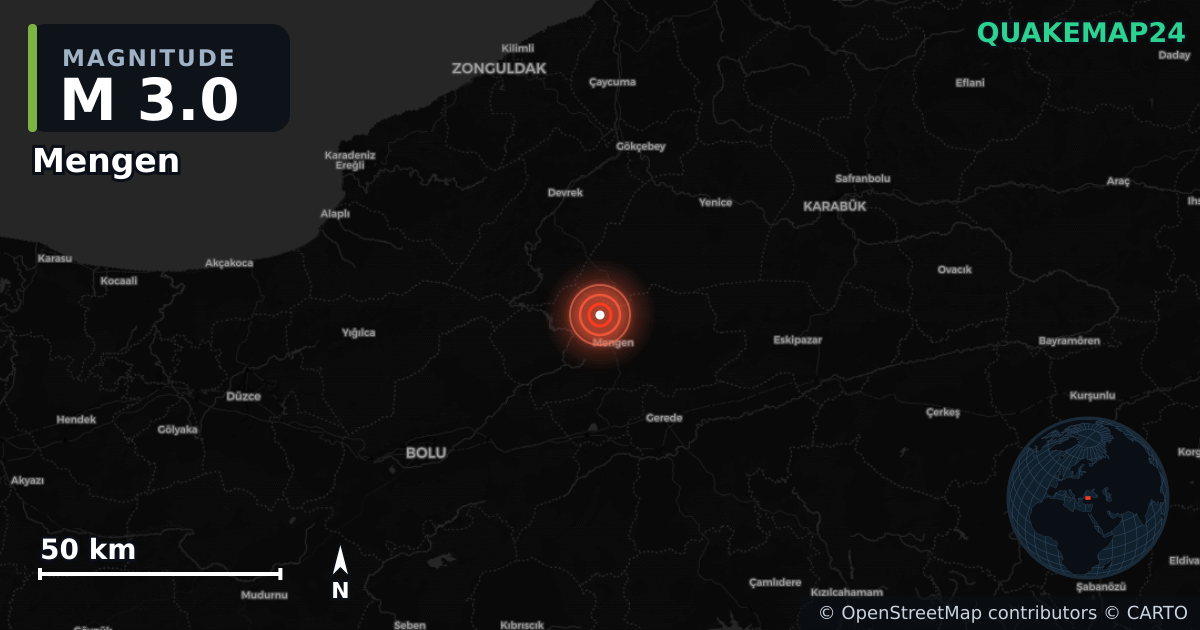 Sismo de M3,0 perto de Mengen, Bolu (Turquia) · 2026-06-17 — Mapa da localização do epicentro