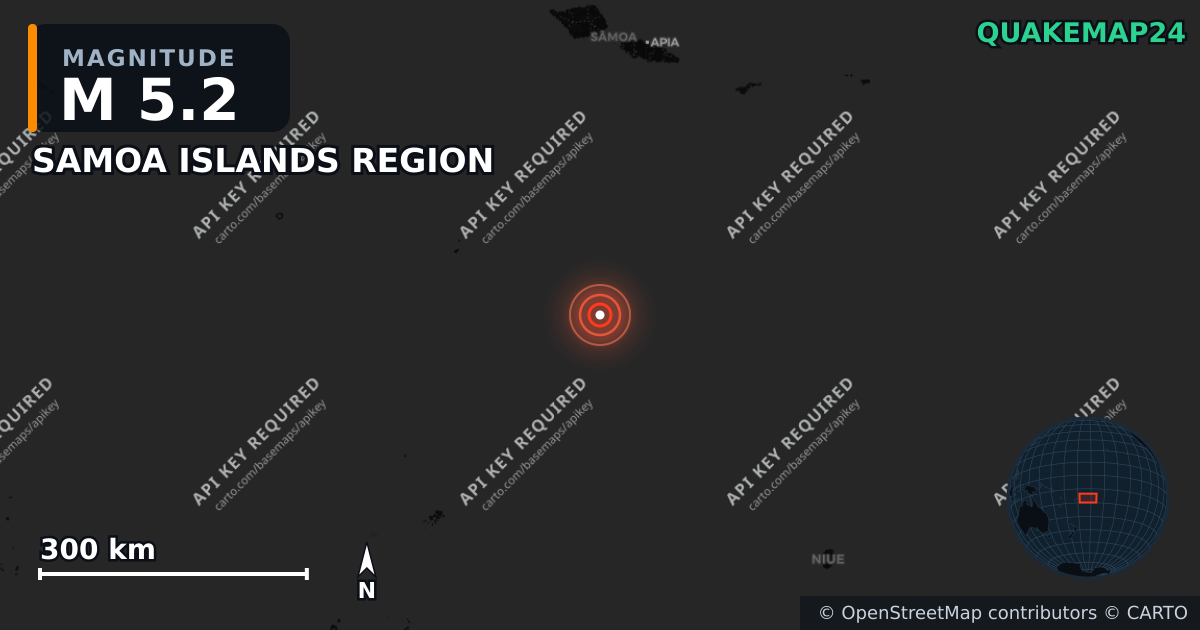 M5.2 earthquake near SAMOA ISLANDS REGION on Jun 1, 2025 — map of epicenter and shaking intensity | QuakeMap24
