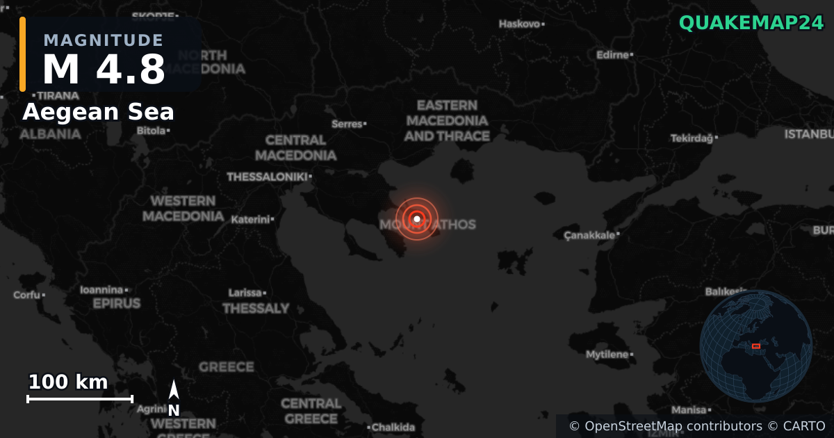 M4.8 earthquake near Aegean Sea on Sep 22, 2025 — map of epicenter and shaking intensity | QuakeMap24