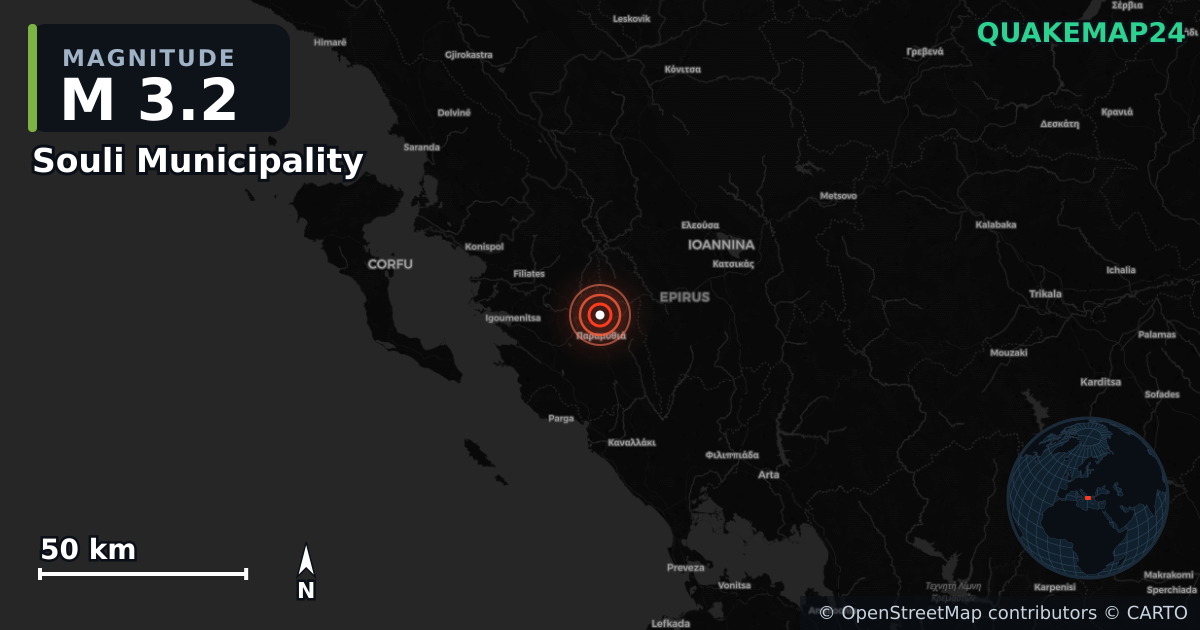 M3.2 earthquake near Souli Municipality on Jul 5, 2026 — map of epicenter and shaking intensity | QuakeMap24