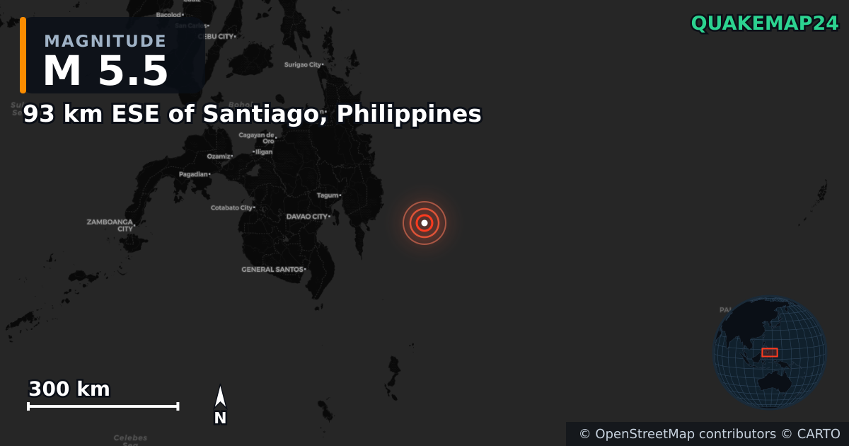 Terremoto de M5,5 cerca de 93 km ESE of Santiago, Philippines — Mapa de la ubicación del epicentro