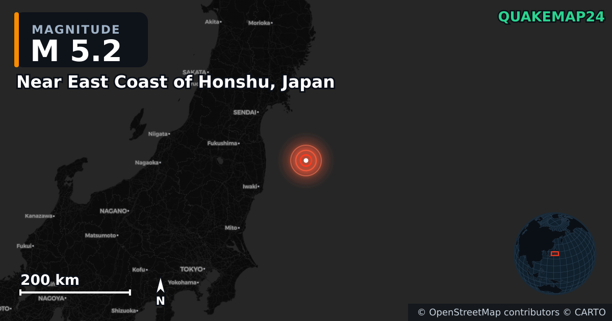 M5.2 earthquake near Near East Coast of Honshu, Japan on Oct 23, 2025 — map of epicenter and shaking intensity | QuakeMap24