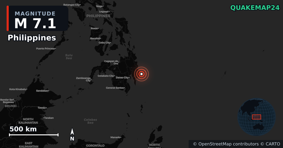M7.1 earthquake near Philippines on Oct 10, 2025 — map of epicenter and shaking intensity | QuakeMap24