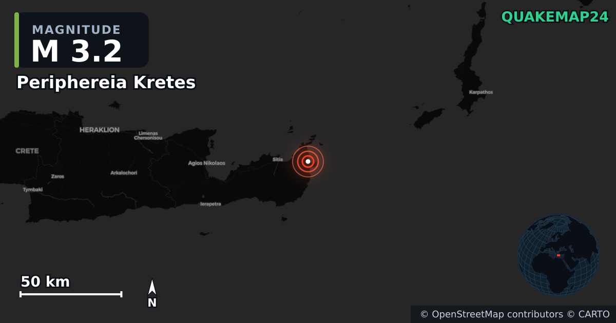 M3.2 earthquake near Periphereia Kretes on Dec 2, 2025 — map of epicenter and shaking intensity | QuakeMap24