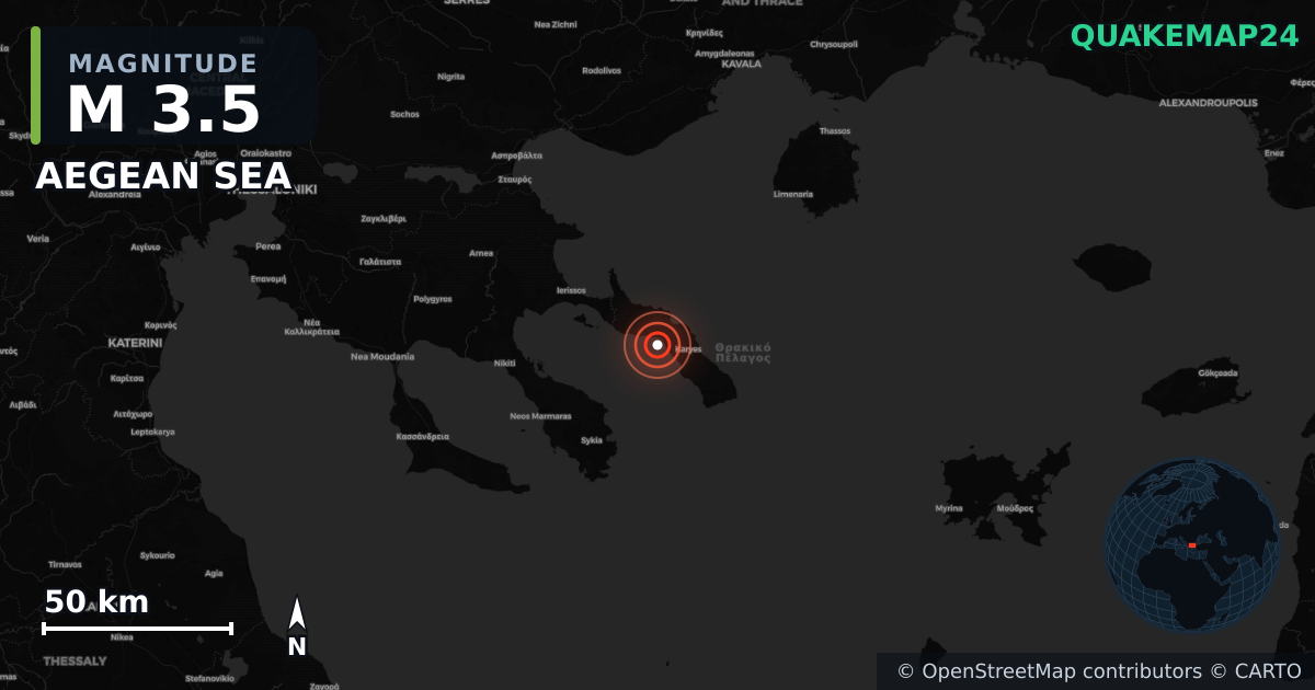 M3.5 earthquake near AEGEAN SEA on Jul 10, 2025 — map of epicenter and shaking intensity | QuakeMap24