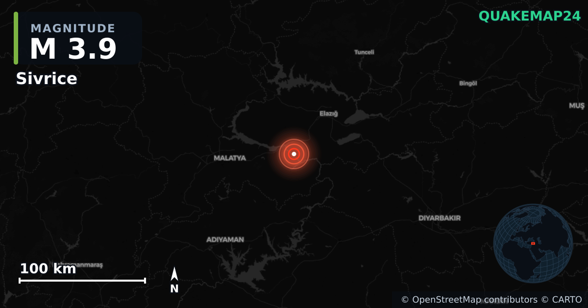 Erdbeben M3,9 bei Sivrice, Elâzığ (Türkei) · 2026-05-26 — Karte der Lage des Epizentrums