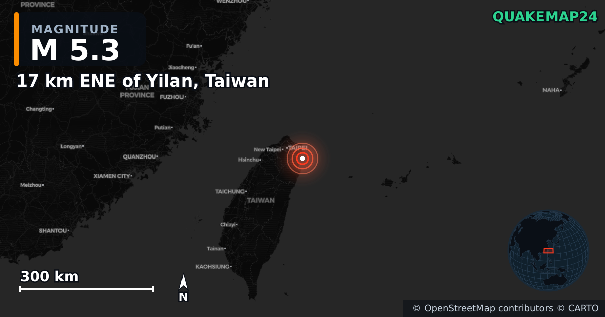 M5.3 earthquake near 17 km ENE of Yilan, Taiwan on Aug 27, 2025 — map of epicenter and shaking intensity | QuakeMap24