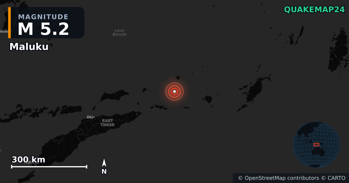 M5.2 earthquake near Maluku on Jun 7, 2026 — map of epicenter and shaking intensity | QuakeMap24