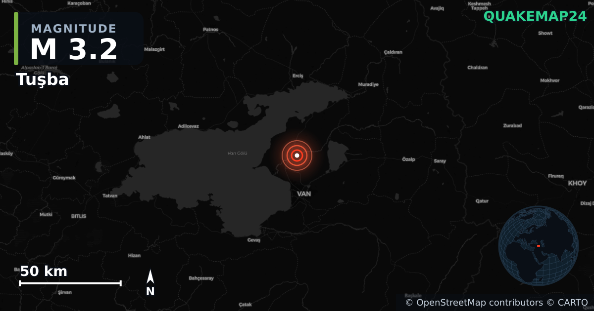 M3.2 earthquake near Tuşba on Oct 18, 2025 — map of epicenter and shaking intensity | QuakeMap24