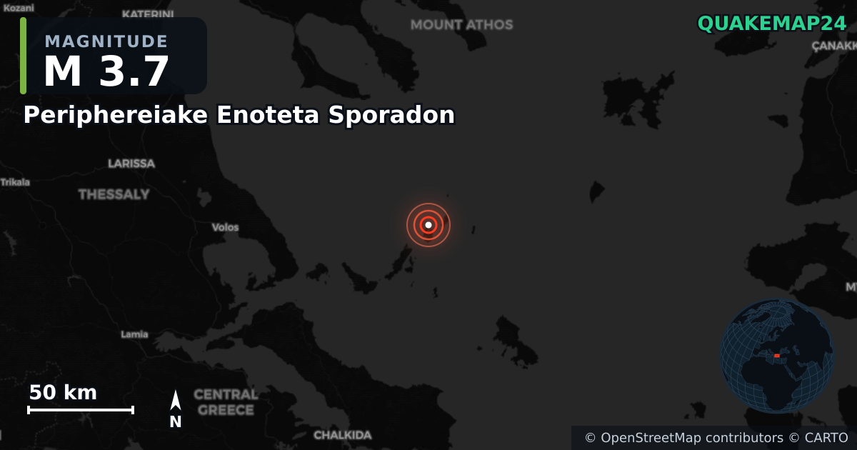 M3.7 earthquake near Periphereiake Enoteta Sporadon on Feb 27, 2026 — map of epicenter and shaking intensity | QuakeMap24