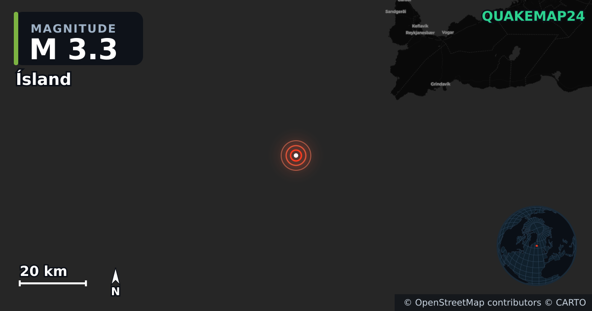 M3.3 earthquake near Ísland on Jun 2, 2026 — map of epicenter and shaking intensity | QuakeMap24