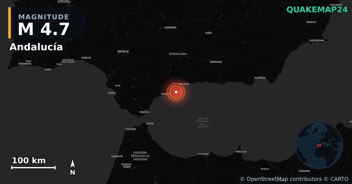 M4.7 earthquake near Andalucía on Dec 5, 2025 — map of epicenter and shaking intensity | QuakeMap24
