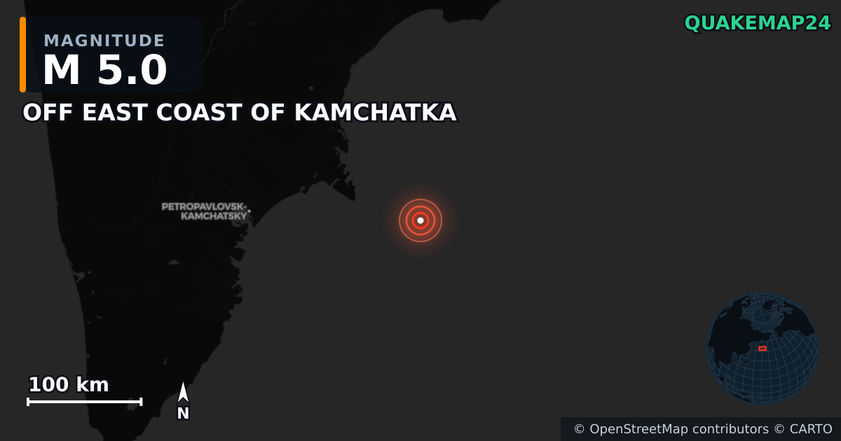 M5.0 earthquake near OFF EAST COAST OF KAMCHATKA on Jul 31, 2025 — map of epicenter and shaking intensity | QuakeMap24