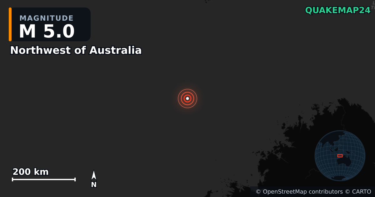 Northwest of Australia yakınında M5,0 deprem — Deprem merkez üssünün konumunu gösteren harita