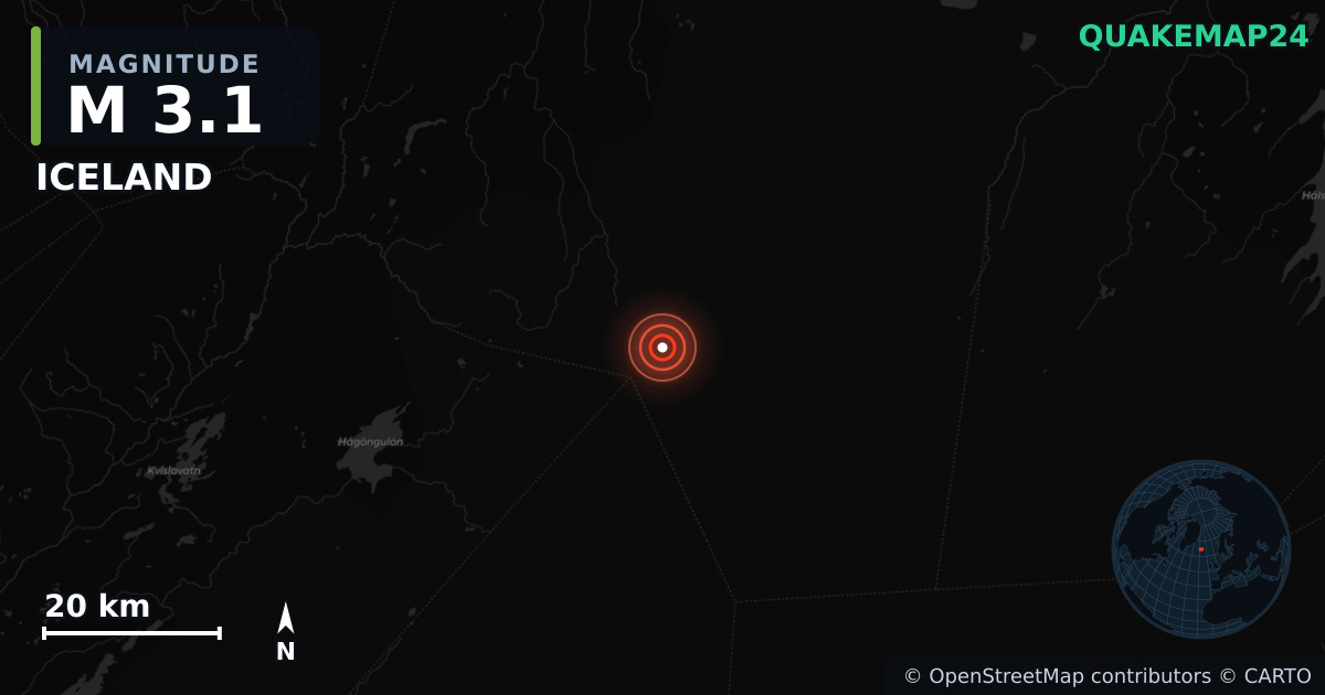 M3.1 earthquake near ICELAND on Jul 27, 2025 — map of epicenter and shaking intensity | QuakeMap24