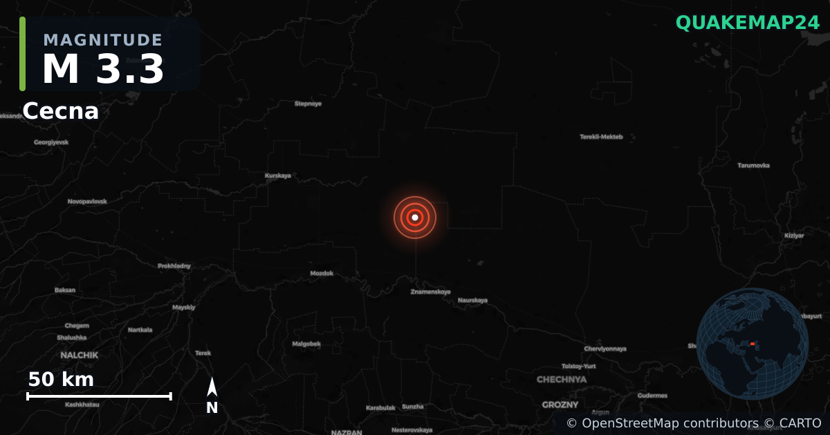 M3.3 earthquake near Cecna on Nov 7, 2025 — map of epicenter and shaking intensity | QuakeMap24