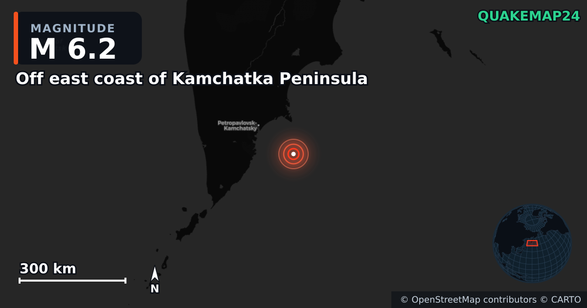 M6.2 earthquake near Off east coast of Kamchatka Peninsula on Nov 3, 2025 — map of epicenter and shaking intensity | QuakeMap24
