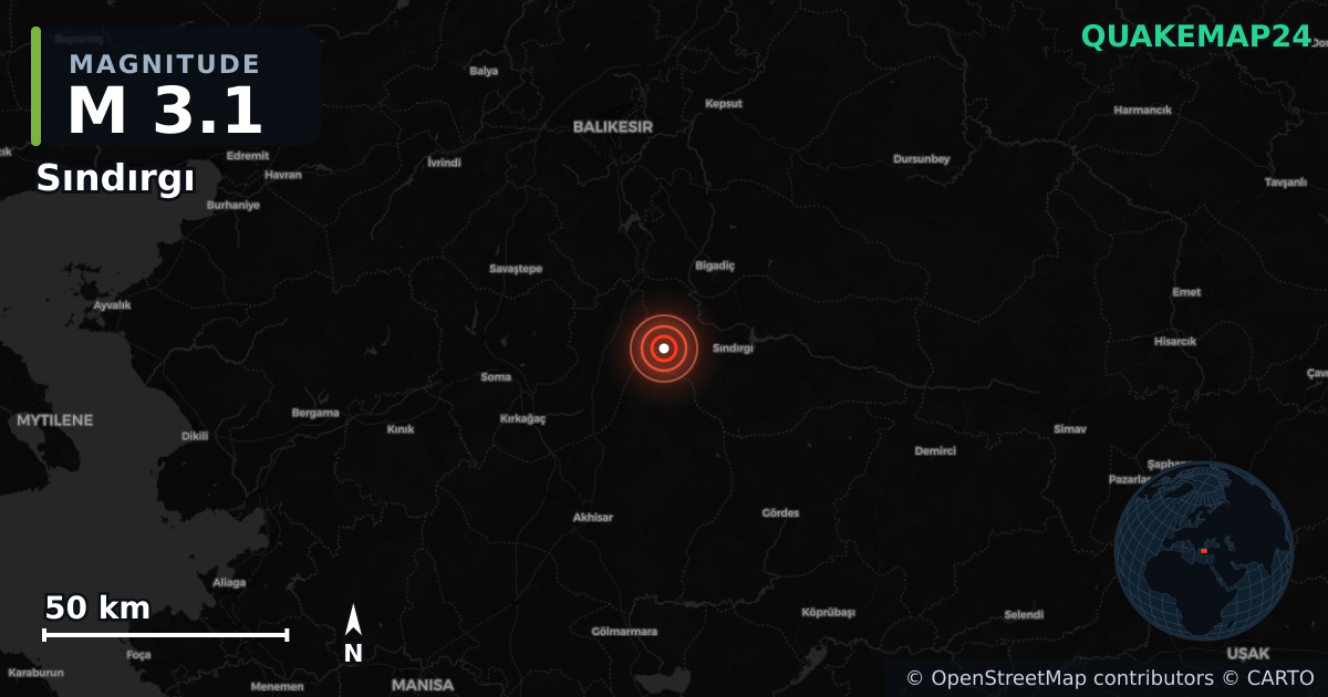 M3.1 earthquake near Sındırgı on Sep 1, 2025 — map of epicenter and shaking intensity | QuakeMap24